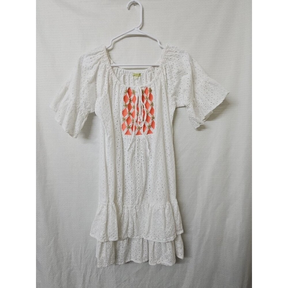 Gianni Bini Sz Small Eyelet Ruffle Mini Dress Cover Up Beaded Off Shoulder Boho